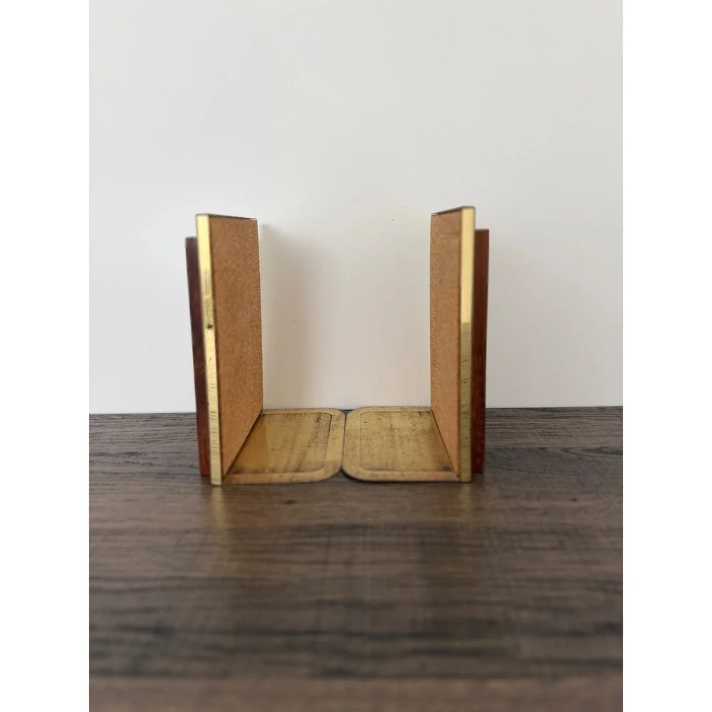 Vtg Park Sherman Solid Walnut Metal Bookends Mid Century Modern Minimalist Pair